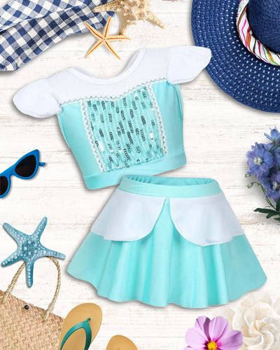 Kids Swimwear | Little Girls Blue Sequin Skirted Two Piece Swimsuit