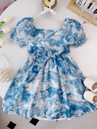 Mia Belle Girls Blue Floral Puff Sleeve Dress | Girls Spring Outfits