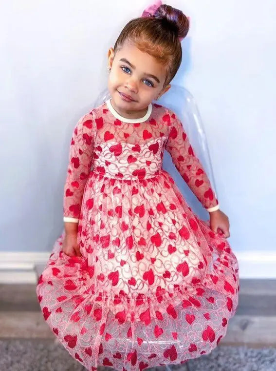 Toddler Valentine's Day Dress Girls Long Sleeve Heart Lace Dress