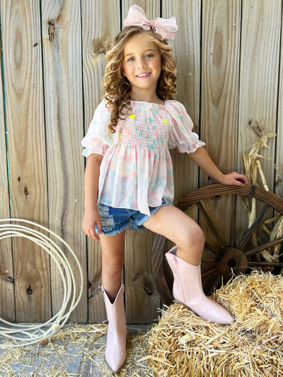 Pastel Floral Puff Sleeve Blouse| Cowgirl Fashion | Mia Belle Girls