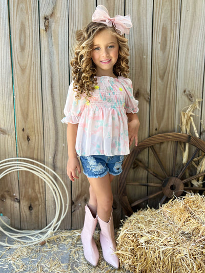 Pastel Floral Puff Sleeve Blouse| Cowgirl Fashion | Mia Belle Girls