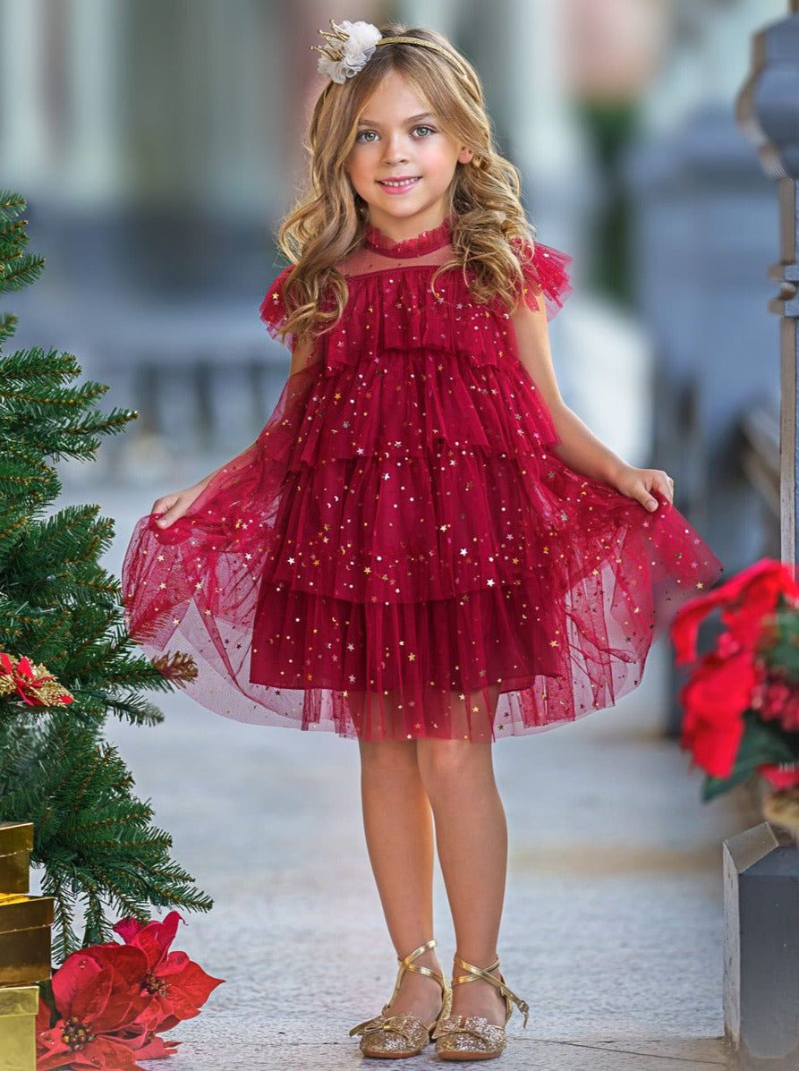 Mia Belle Girls Red Star Sequin Tiered Tulle Dress | Girls Dresses