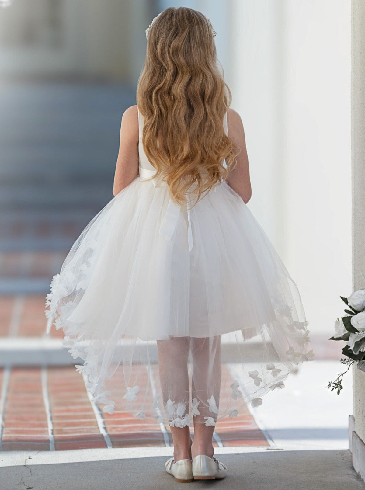 Mia Belle Girls Tiered Hi-Lo Tulle Gown | Girls Communion Dresses