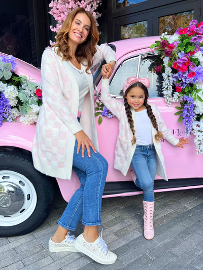 Mommy and Me Checkered Charm Pink Cardigan