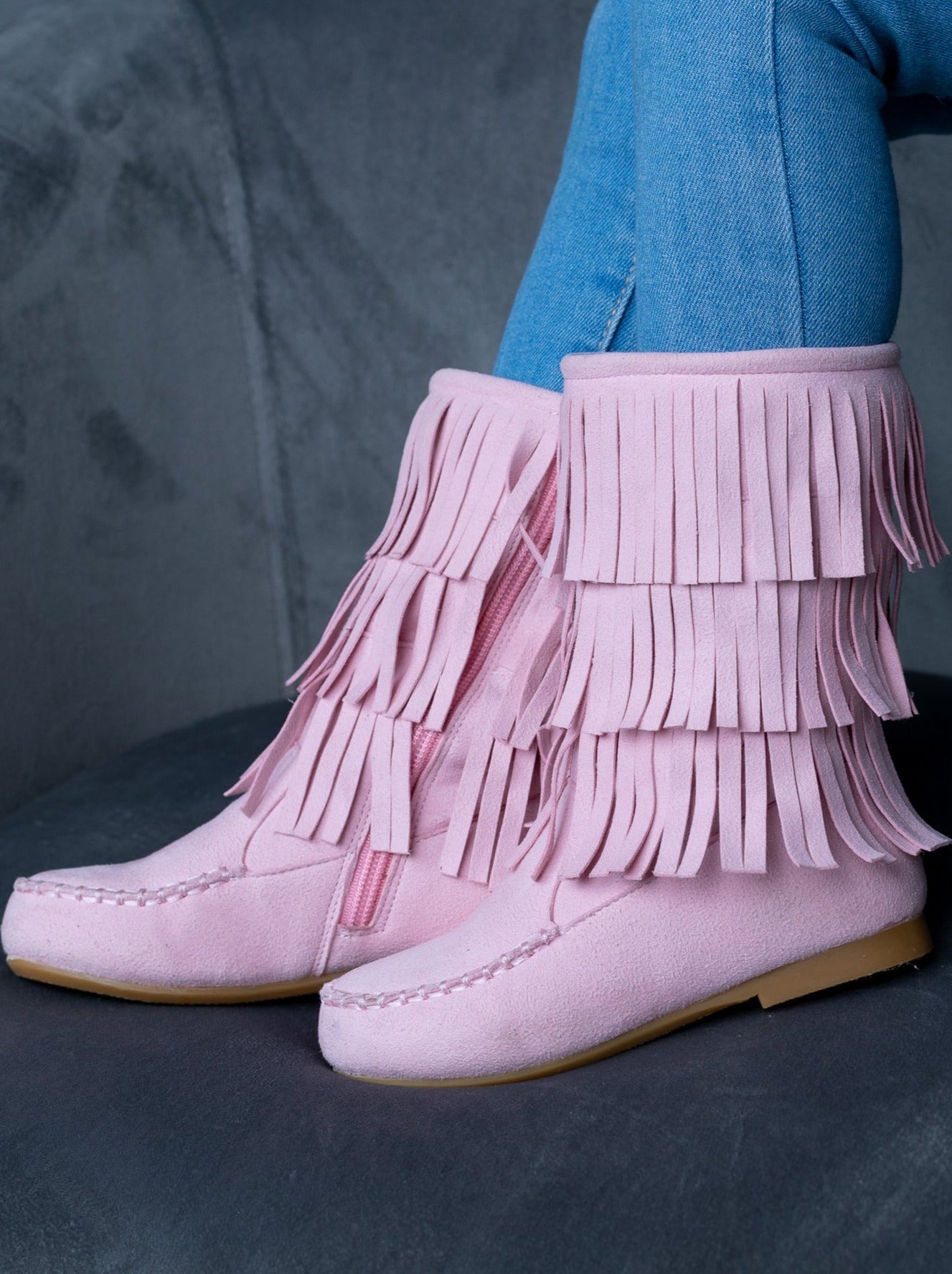 Girls Pink Suede Tiered Fringe Boots By Liv and Mia Mia Belle Girls