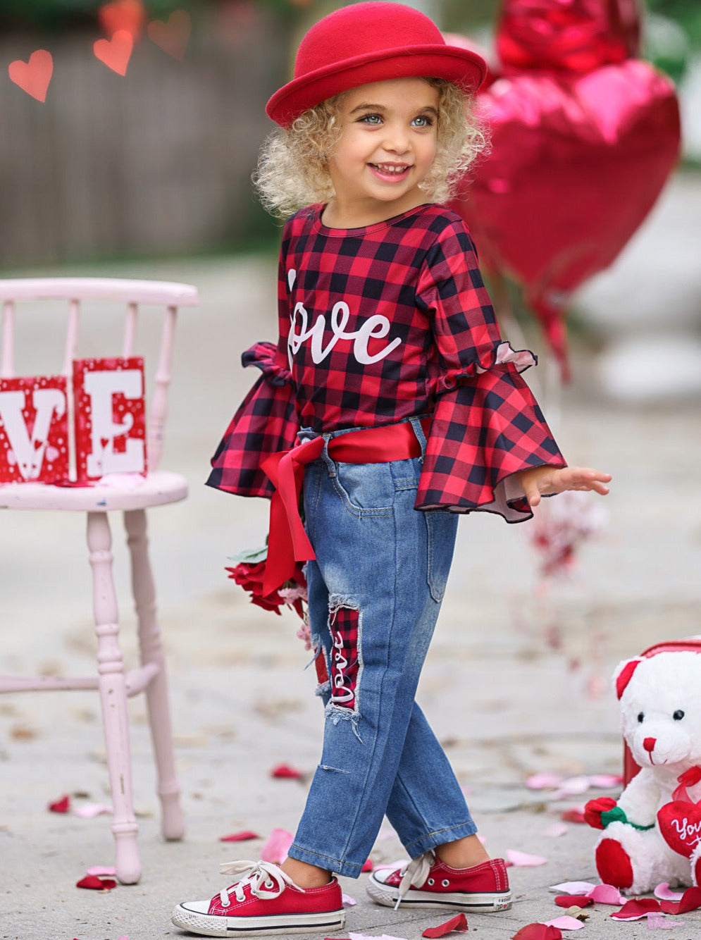 Kids Valentine's Clothes Girls Plaid Bell Sleeve Top And Patched