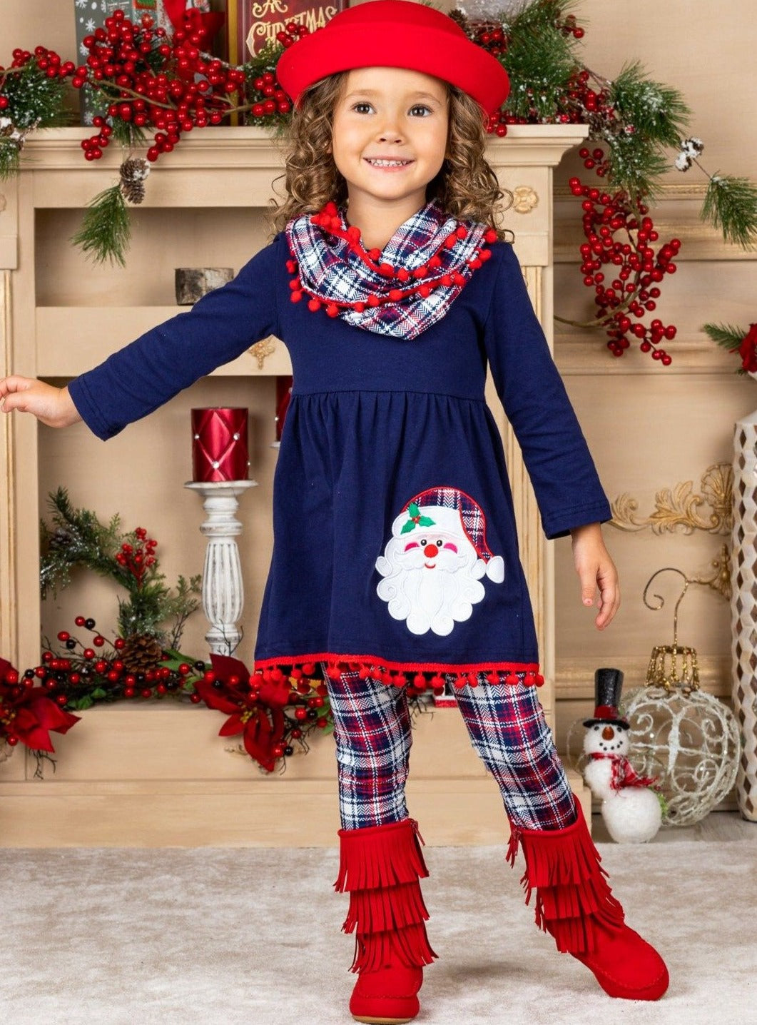 Santa's Favorite Tunic, Plaid Scarf And Legging Set – Mia Belle Girls