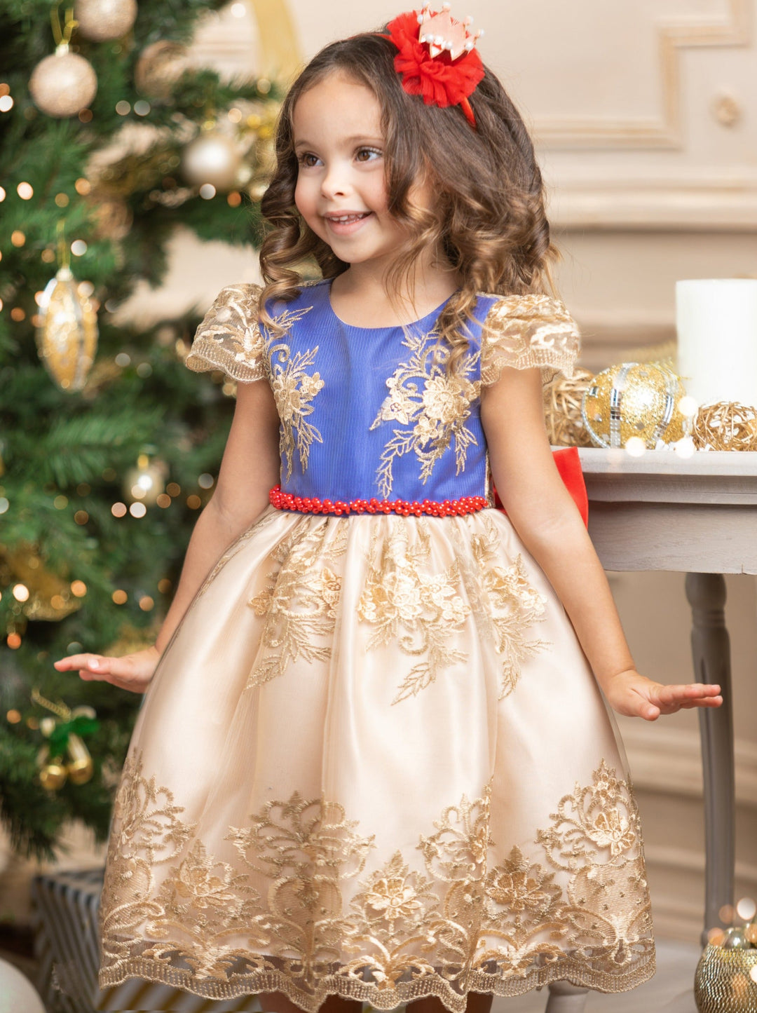 Girls Floral Lace Embroidery Beaded Dress With Red Bow