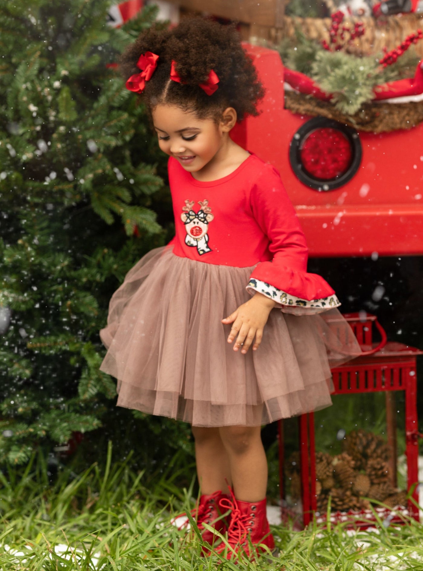 Cute Christmas Dresses | Girls Flounce Sleeve Reindeer Tutu Dress