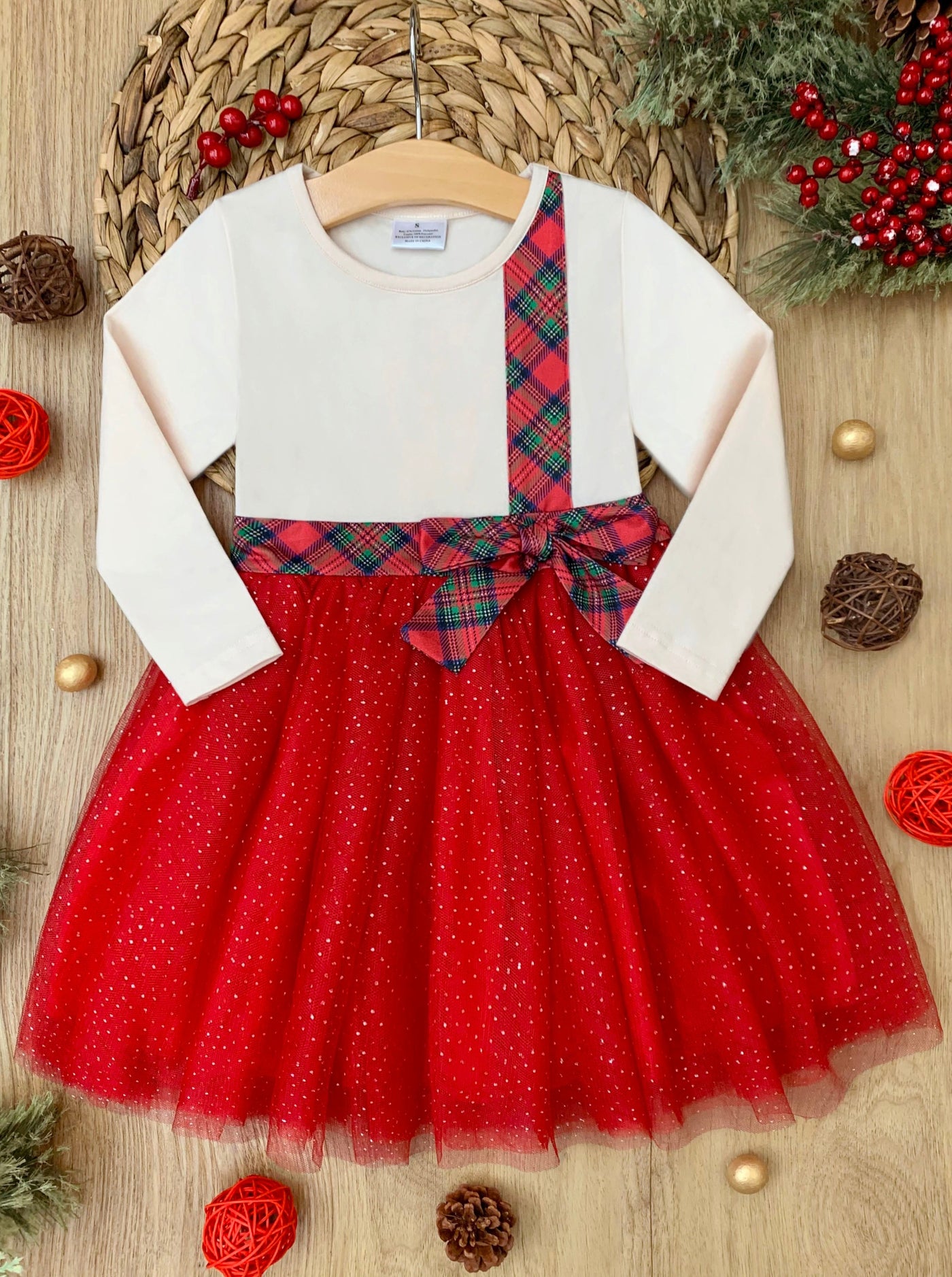Mia Belle Girls Plaid Bow Christmas Dress | Girls Holiday Dresses