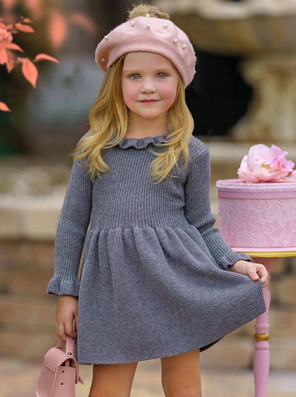 Mia Belle Girls Grey Ruffle Knit Sweater Dress | Girls Winter Dresses
