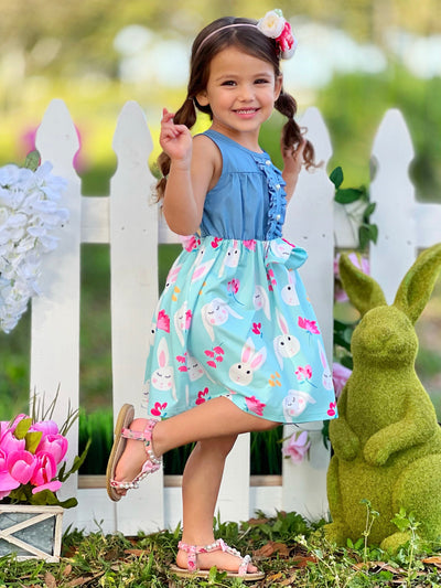 Mia Belle Girls Chambray Bunny Print Dress | Easter Dresses