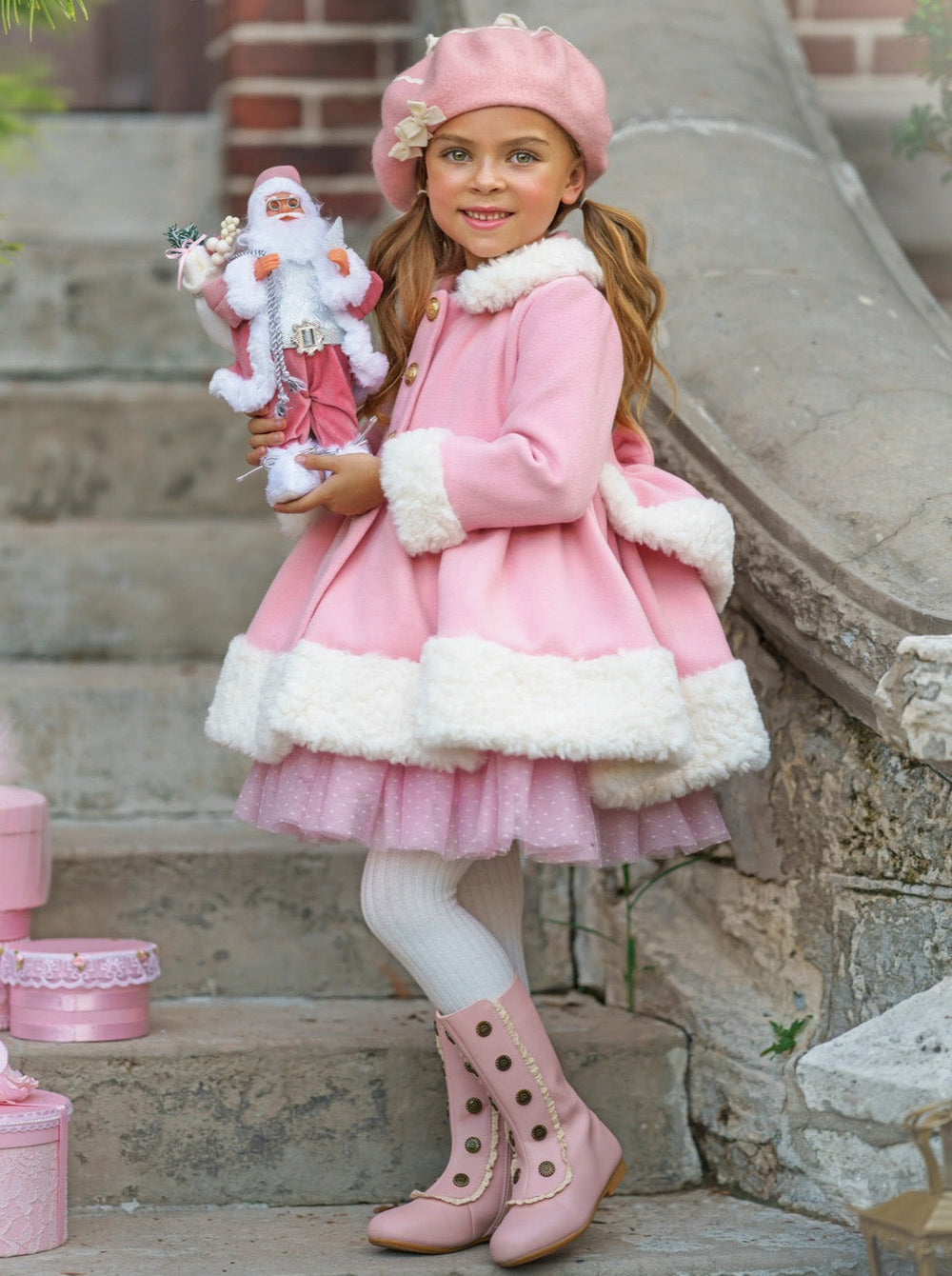 Mia Belle Girls Pink Faux Fur Duchess Coat | Girls Winter Jackets