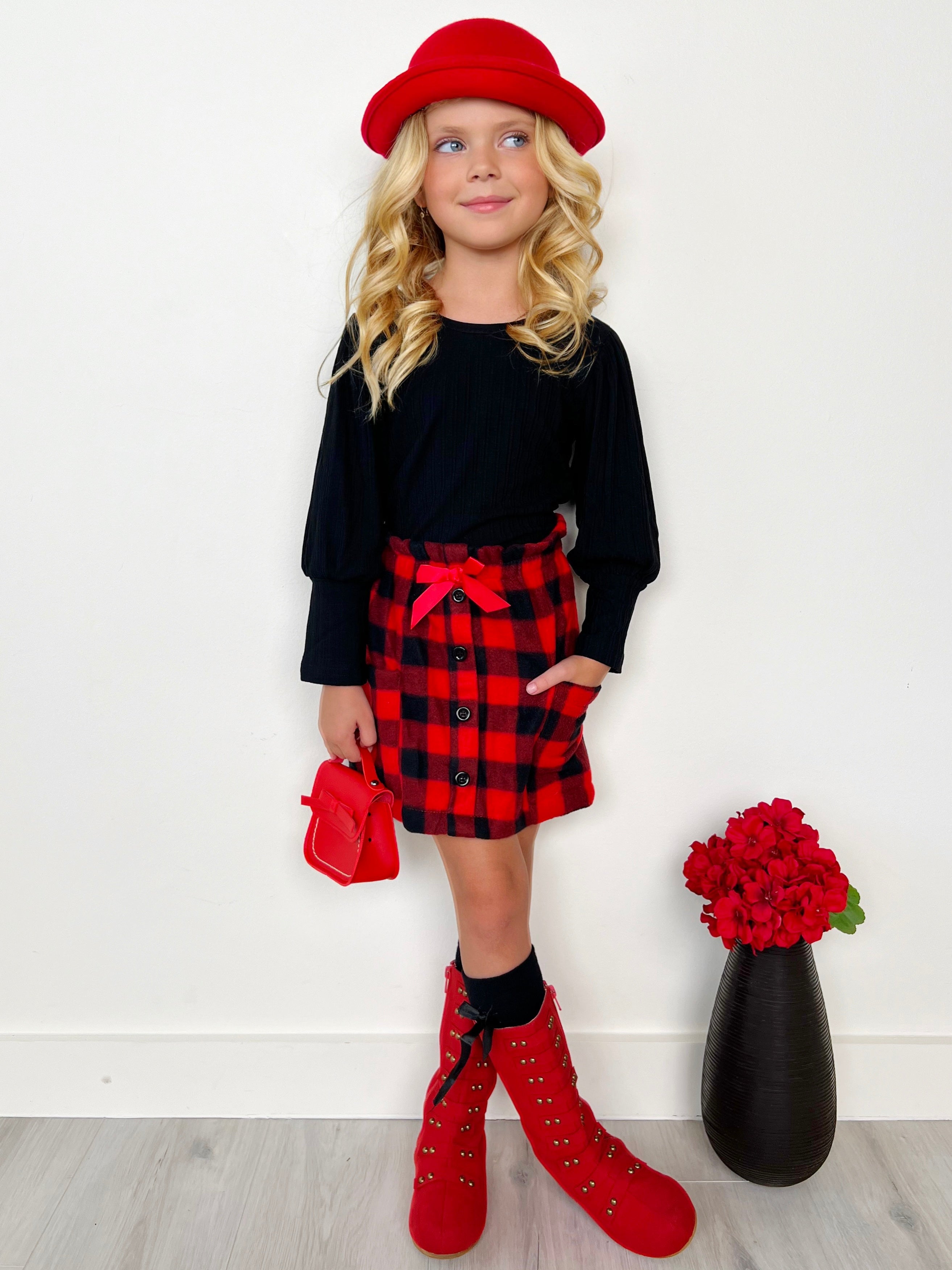 Toddler Girl Winter Clothes Sale Puff Sleeve Top And Plaid Skirt