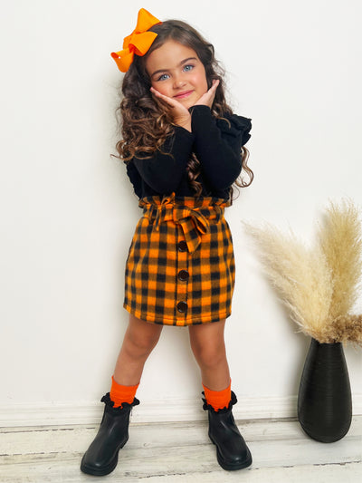 Mia Belle Girls Ruffled Top & Checkered Skirt Set | Girls Fall Outfits