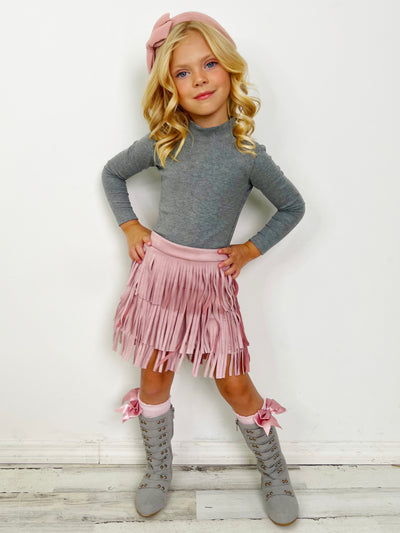 Mia Belle Girls Grey Top And Pink Fringe Suede Shorts Set