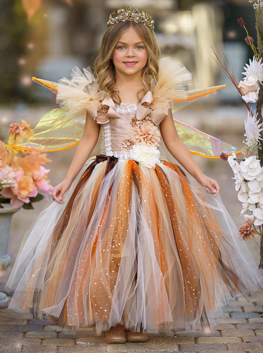 Girls Golden Fairy Sparkle Tutu Costume Dress
