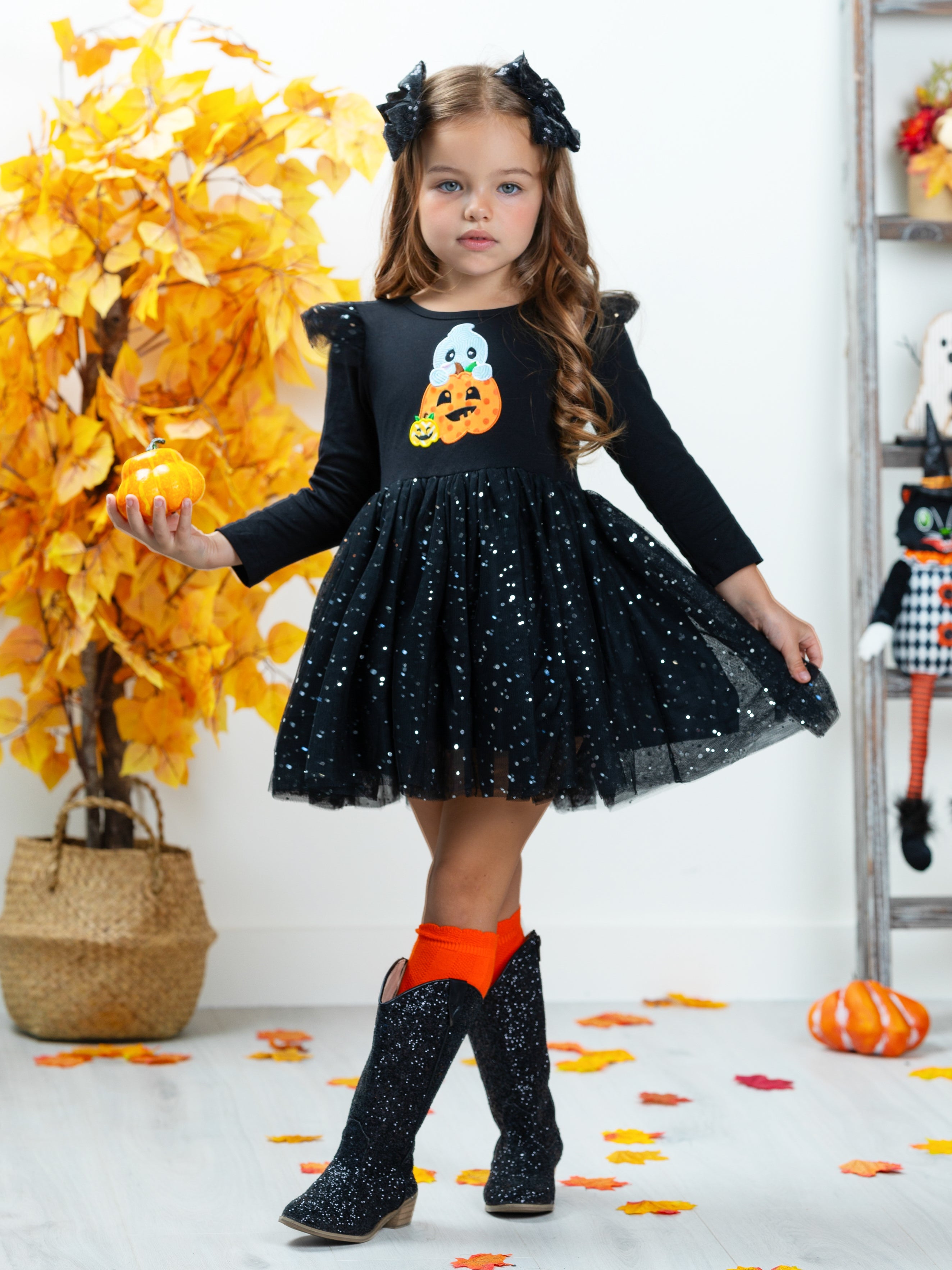 Girls Halloween Apparel Toddlers Ghost Sequin Sparkle Tutu Dress