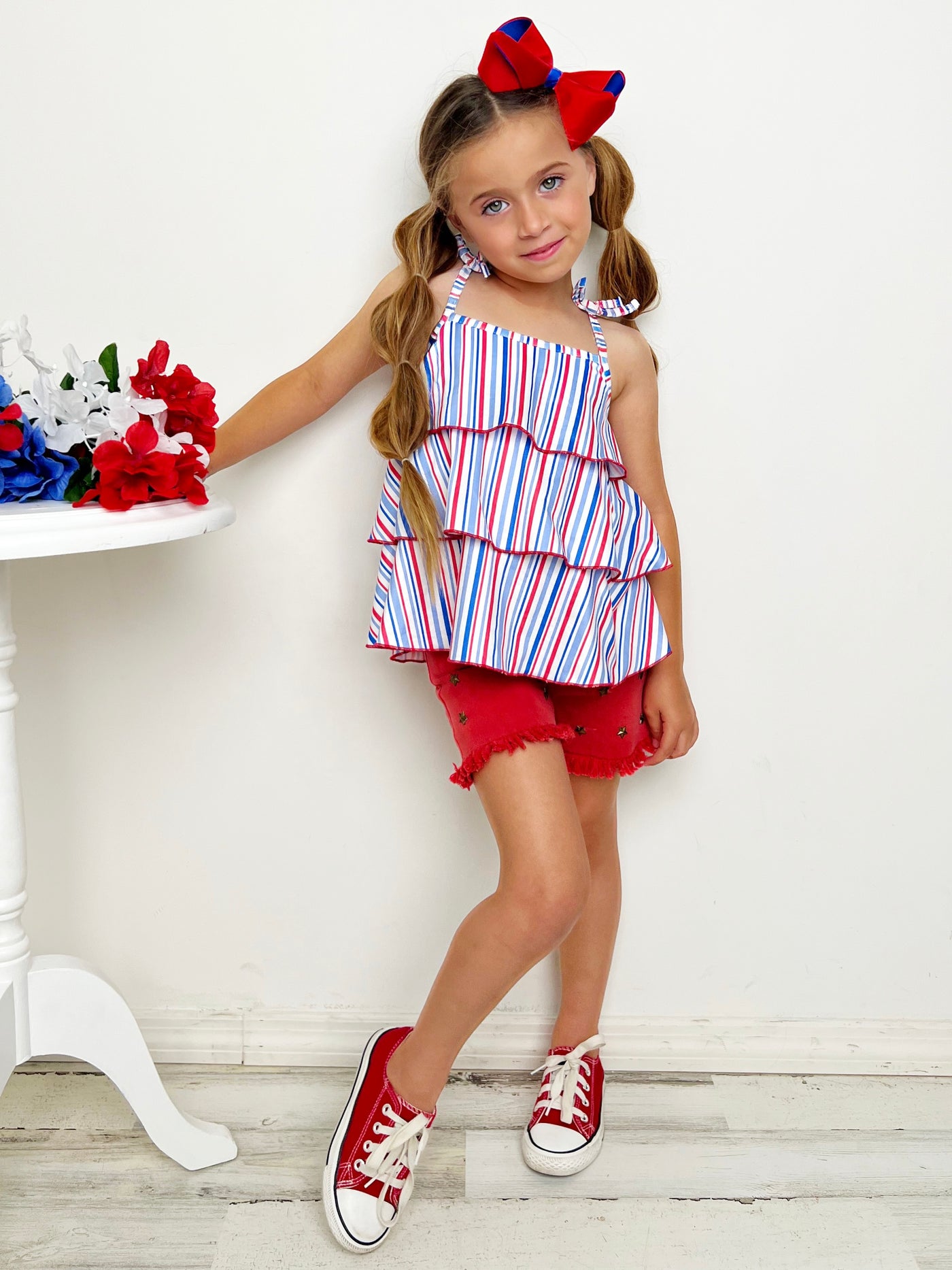 Girls Tiered Halter Top And Frayed Denim Shorts Set | 4th of July