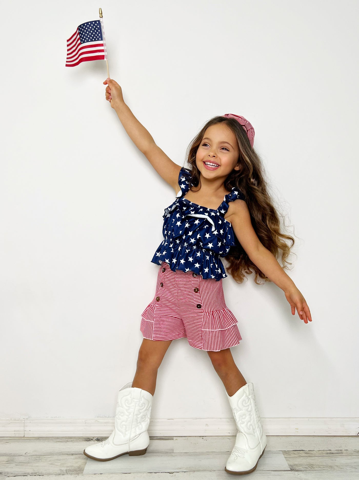 Mia Belle Girls Ruched Star Top And Striped Short Set | 4th of July