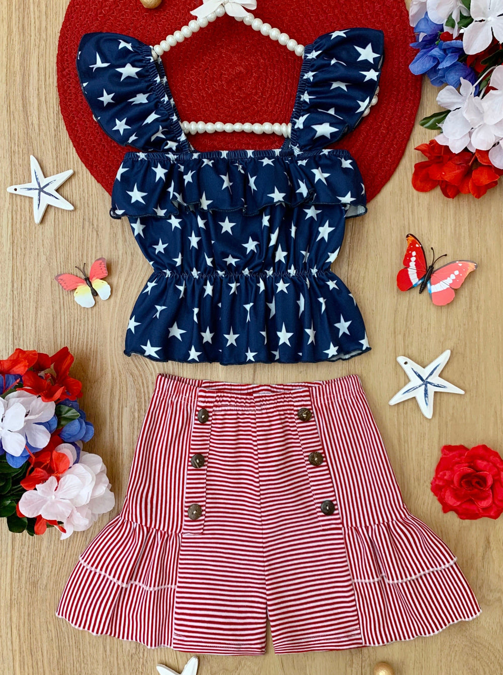 Mia Belle Girls Ruched Star Top And Striped Short Set | 4th of July