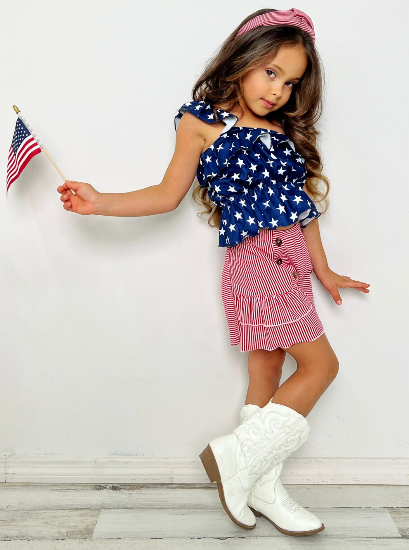 Mia Belle Girls Ruched Star Top And Striped Short Set | 4th of July