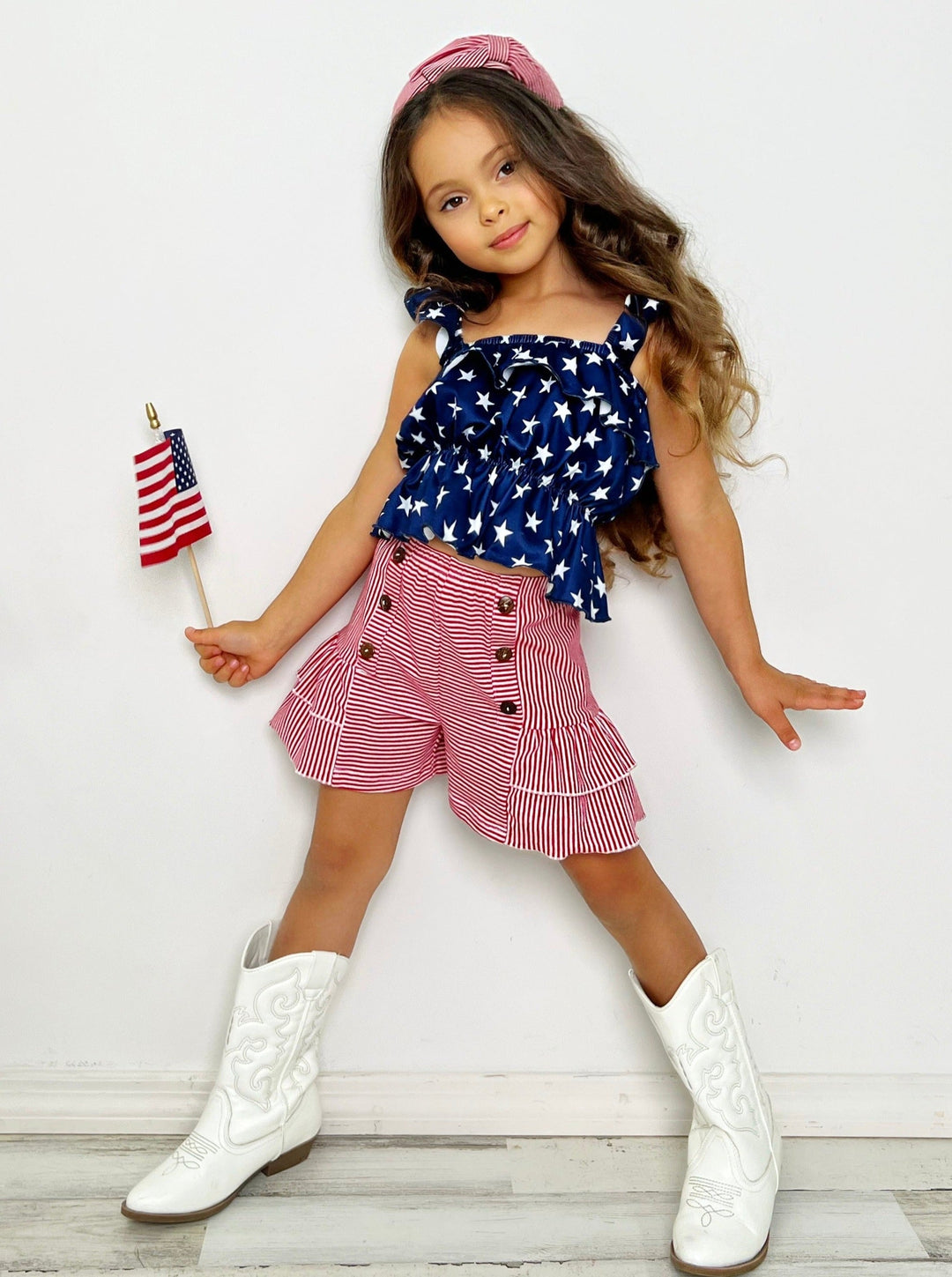 Mia Belle Girls Ruched Star Top And Striped Short Set | 4th of July