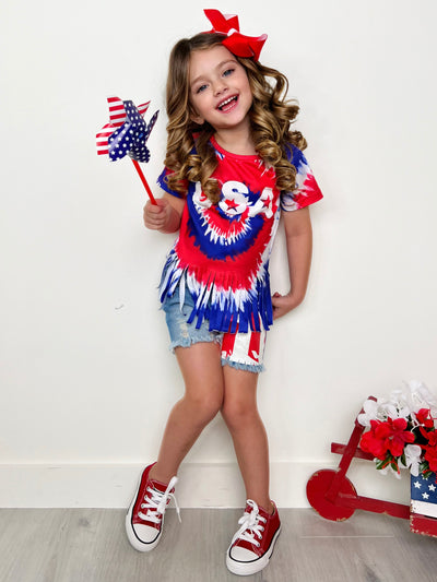 Girls USA Tie Dye Fringe Top And Denim Short Set | 4th Of July Outfits