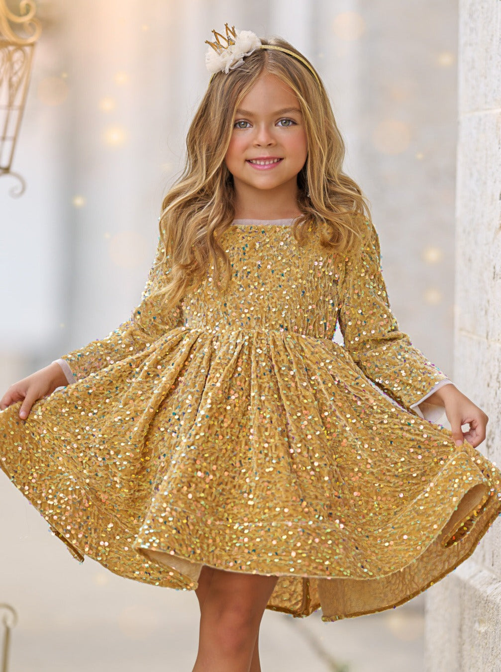 Girls Special Occasion Dress | Long Sleeved Sequin Formal Mini Dress