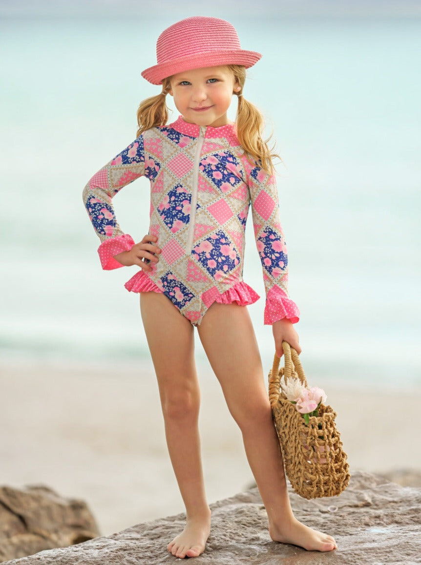 Girls Floral Patchwork One Piece Swimsuit | Mia Belle Girls Swimwear