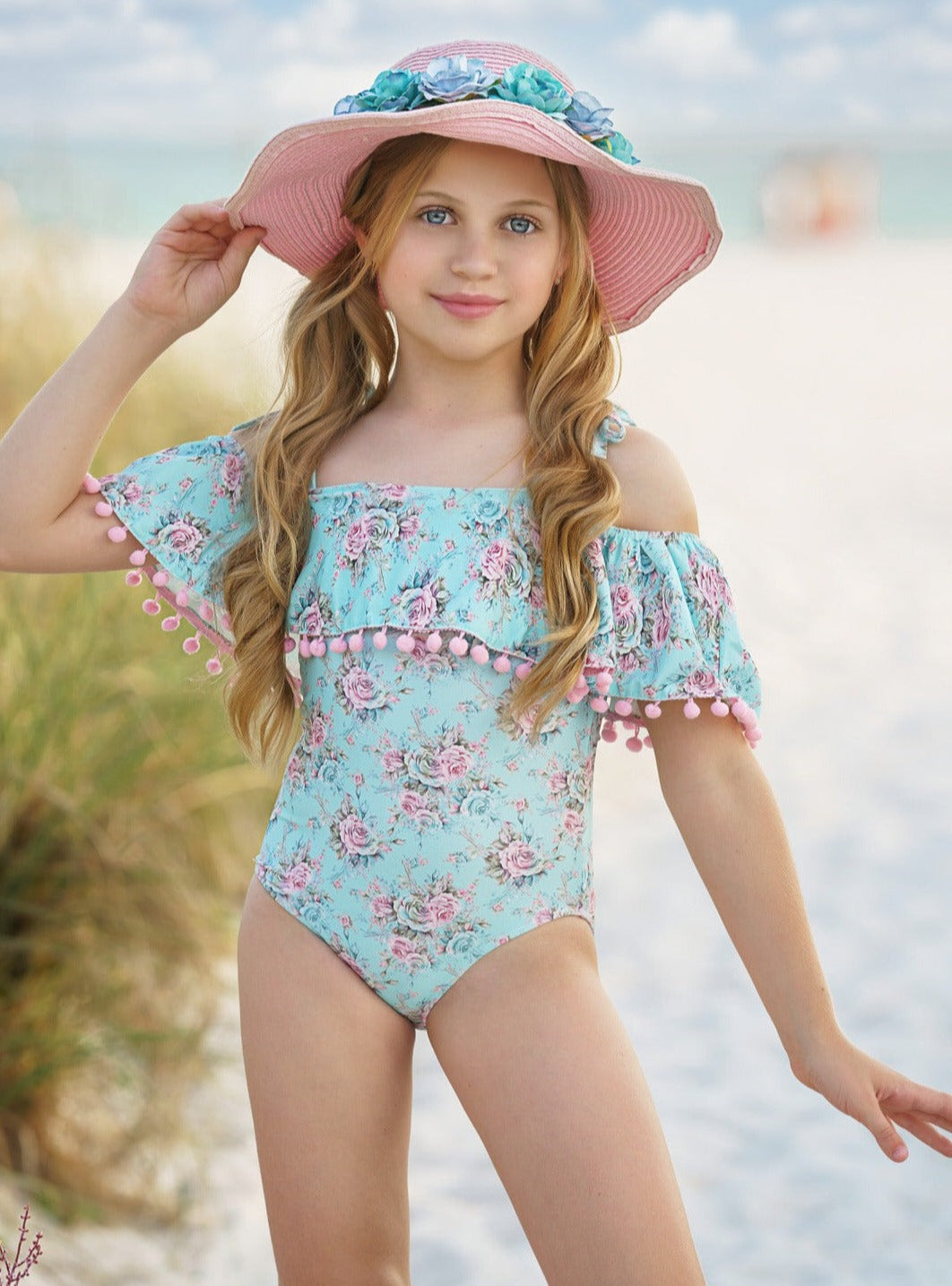 Girls Rose Ruffle Bib One Piece Swimsuit Mia Belle Girls Swimwear