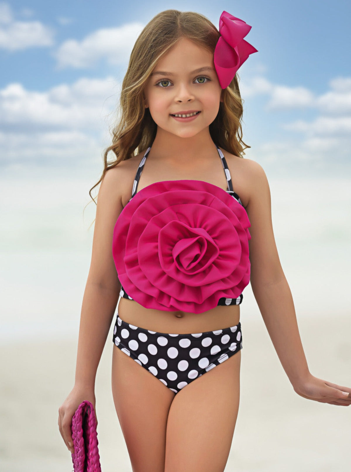 Mia Belle Girls 3D Flower Polka Dot Two Piece Swimsuit