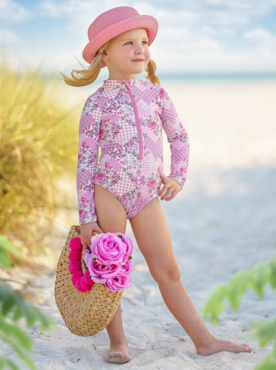 Girls Pink Patchwork One Piece Swimsuit | Mia Belle Girls Swimwear