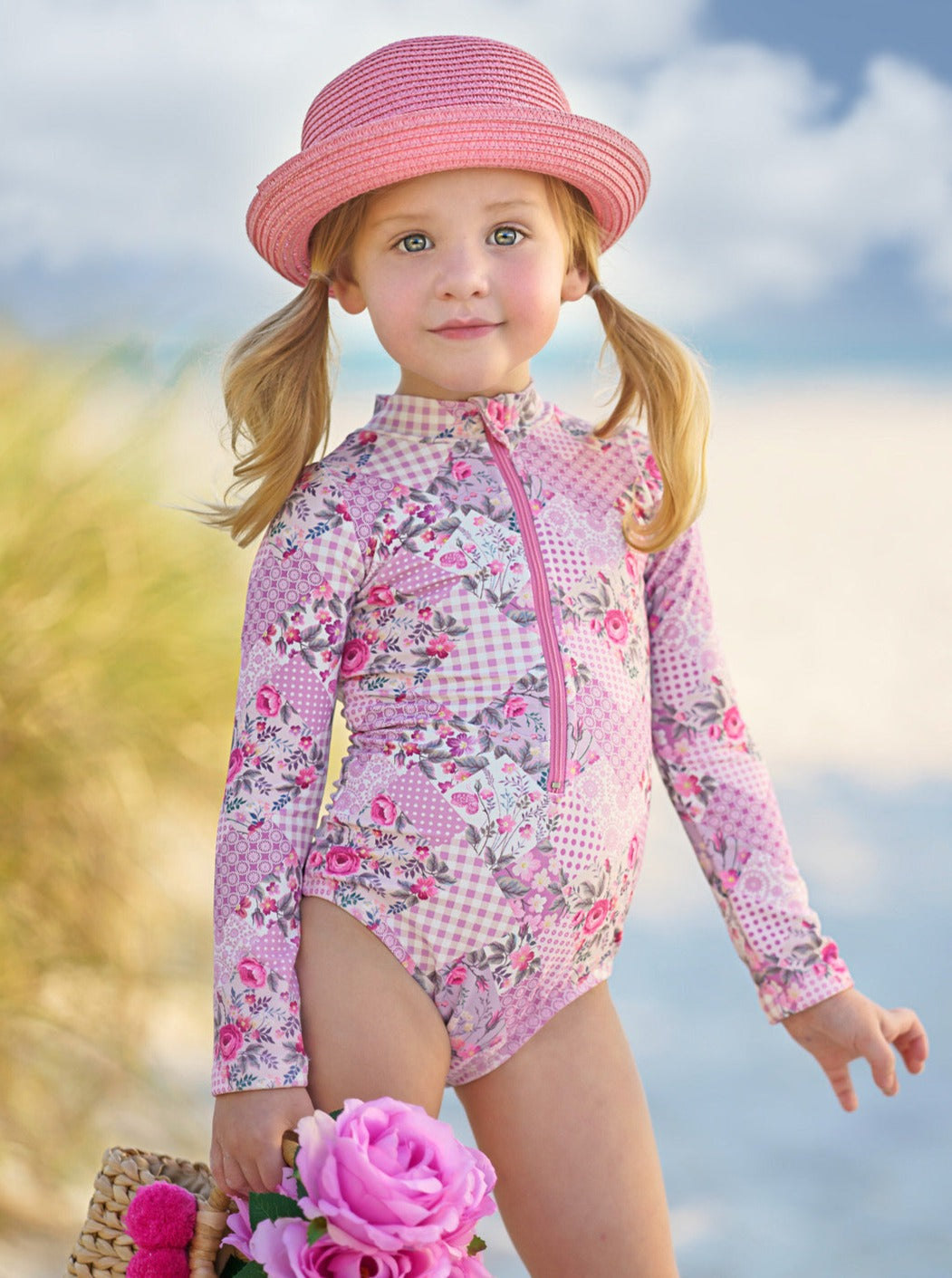 Toddler Swimwear Girls Pink Floral Patchwork One Piece Swimsuit Mia