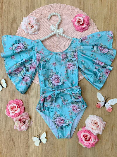 Mia Belle Girls Flare Sleeve Floral One Piece Swimsuit