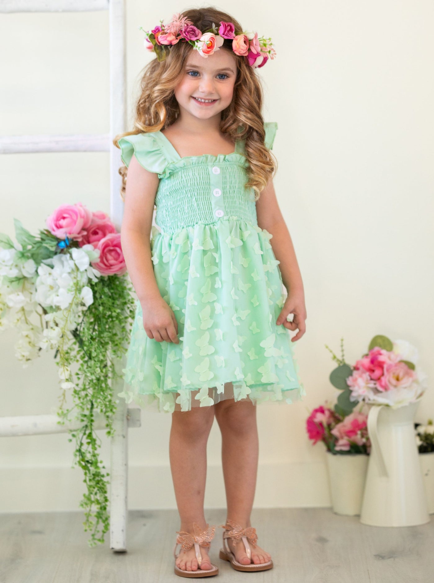 Mia Belle Girls | Green Smocked Butterfly Dress | Girls Spring Dresses