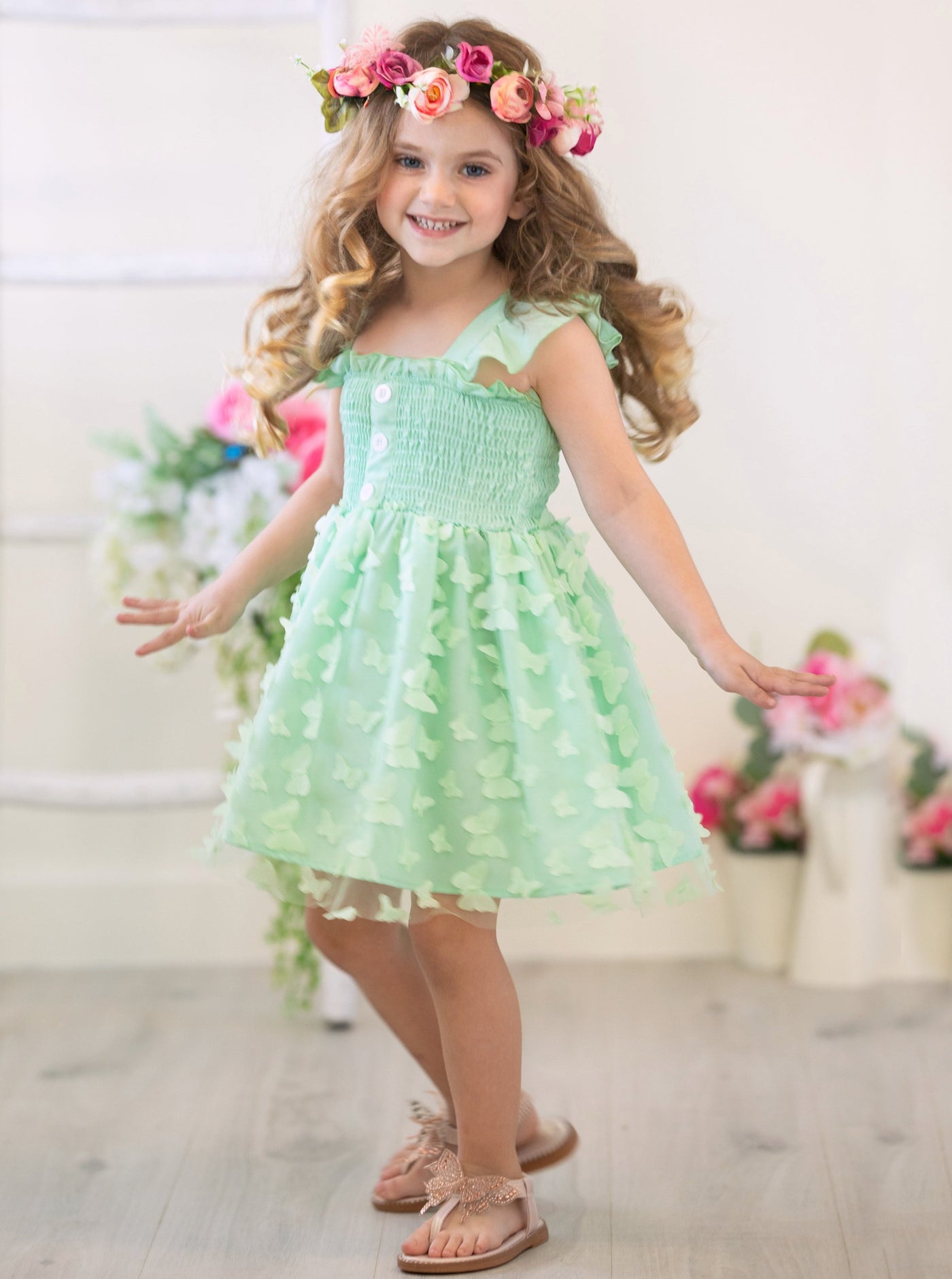 Mia Belle Girls | Green Smocked Butterfly Dress | Girls Spring Dresses