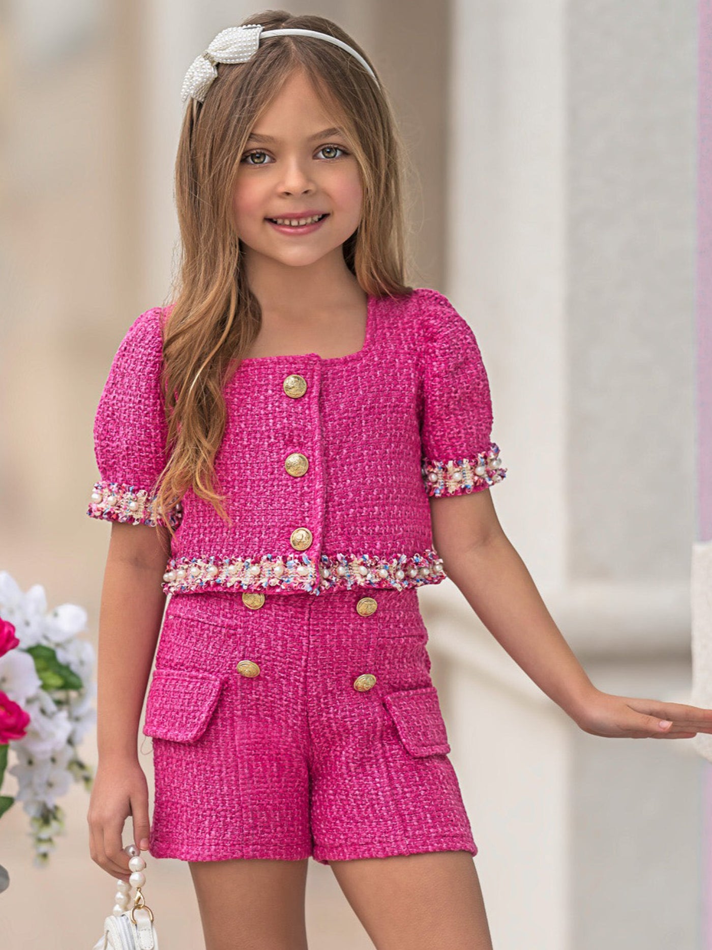 Pint-Sized CEO Puff Sleeve Tweed Top And Short Set