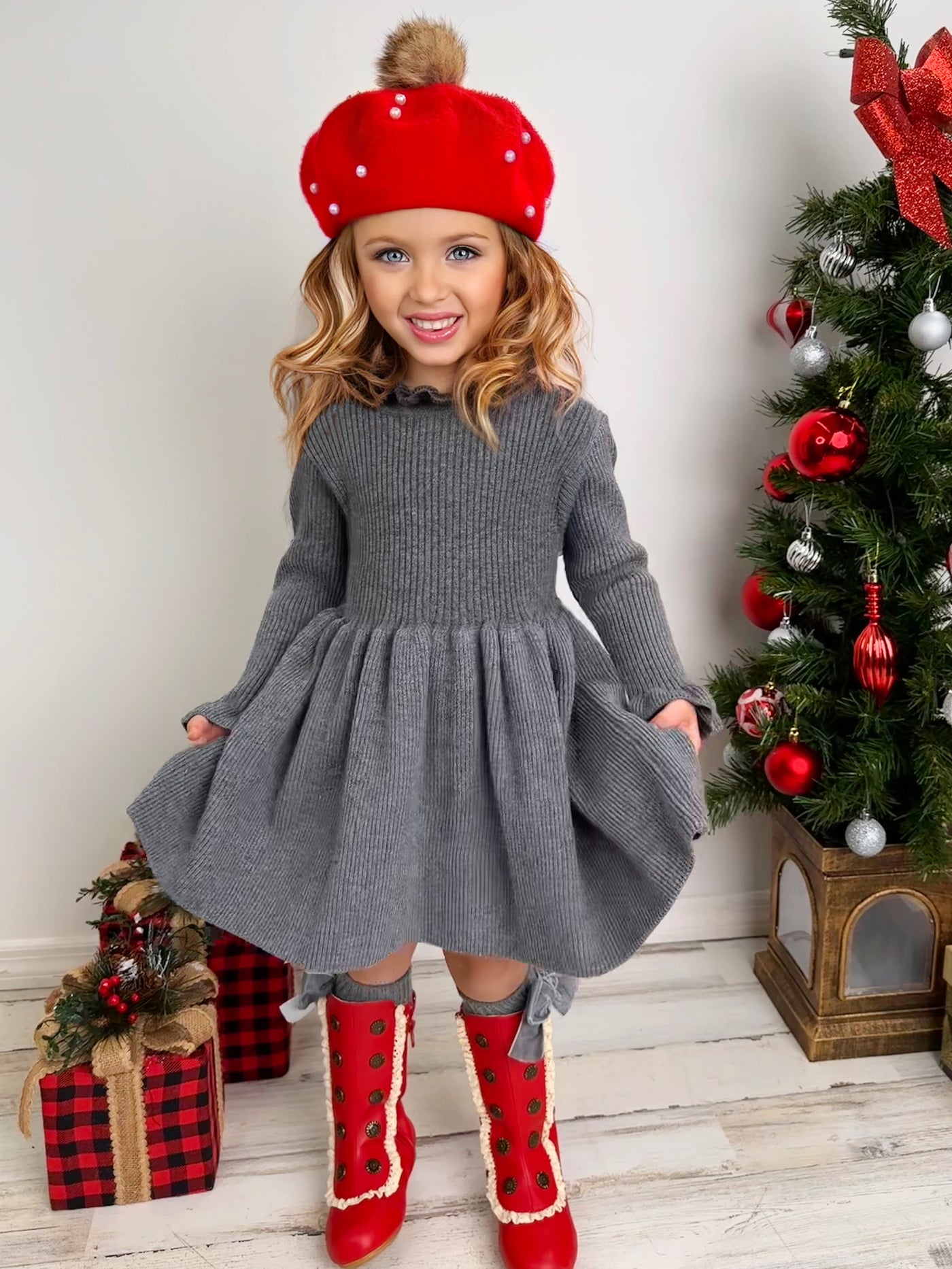 Mia Belle Girls Grey Ruffle Knit Sweater Dress | Girls Winter Dresses