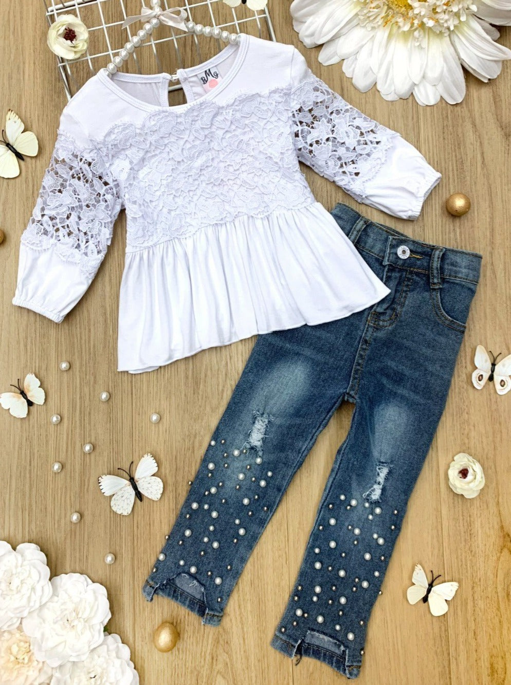 Toddler Spring Outfits Girls Lace Ruched Tunic Pearl Jeans Set