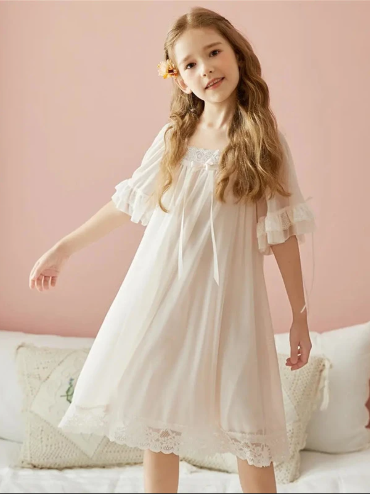 Mia Belle Girls Knee Length Lace Nightgown Girls Loungewear