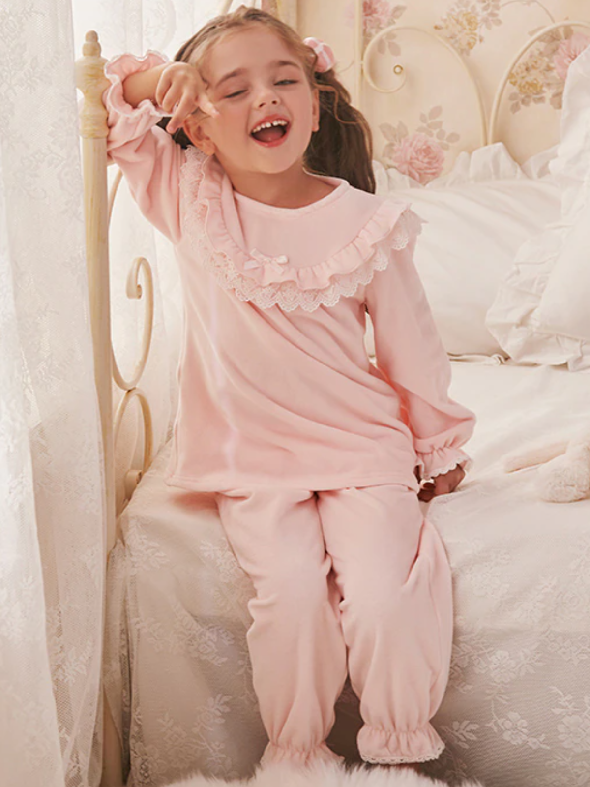 Mia Belle Girls Lace Bib Collar Pink Pajamas Girls Loungewear