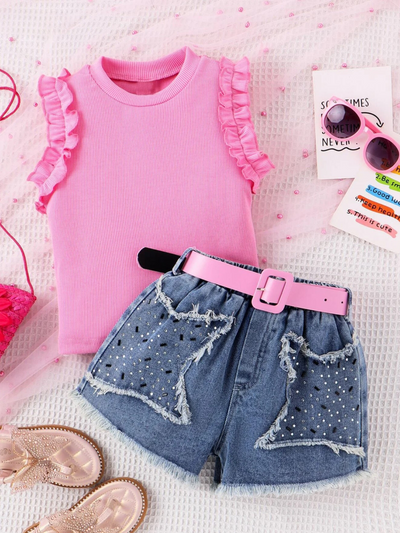 Mia Belle Girls 3pc Top Denim Shorts Set | Girls Summer Outfits