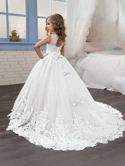 Mia Belle Girls Lace Trimmed Tulle Gown | Girls Communion Dresses
