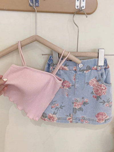 Mia Belle Girls Top & Floral Denim Skirt Set | Resort Wear