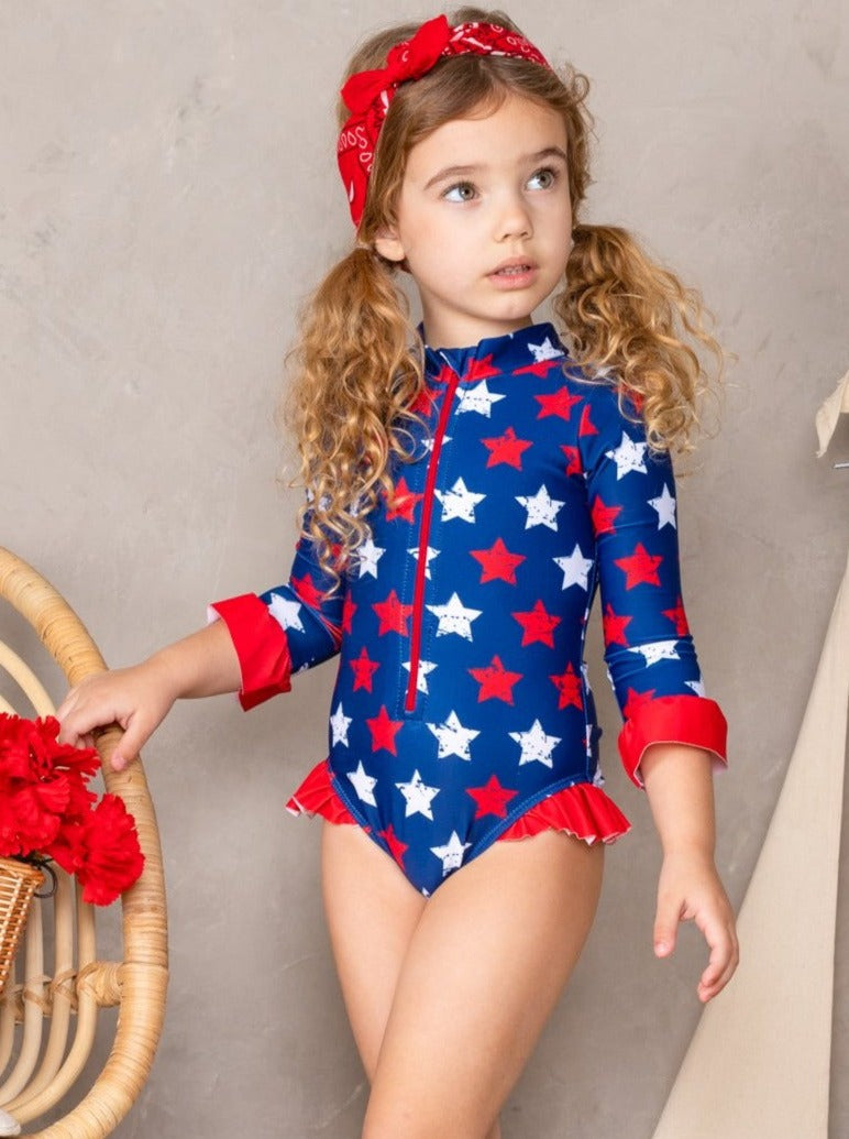 Girls Rash Guard Swimwear Star Print 4th Of July One Piece