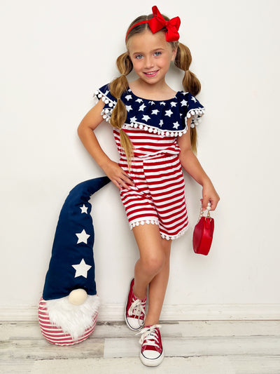 Mia Belle Girls US Flag Pom Pom Romper | 4th of July Outfit 