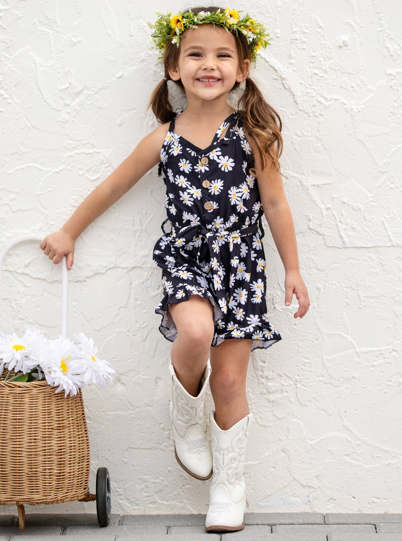 Cute Toddler Outfit | Girls Boho Spring Daisy Belted Ruffle Romper