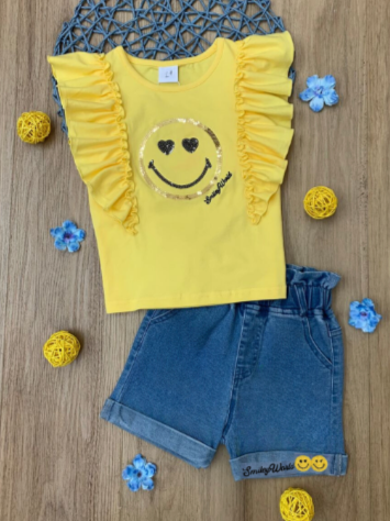 SmileyWorld® Flutter Sleeve Top And Denim Shorts Set | Mia Belle Girls