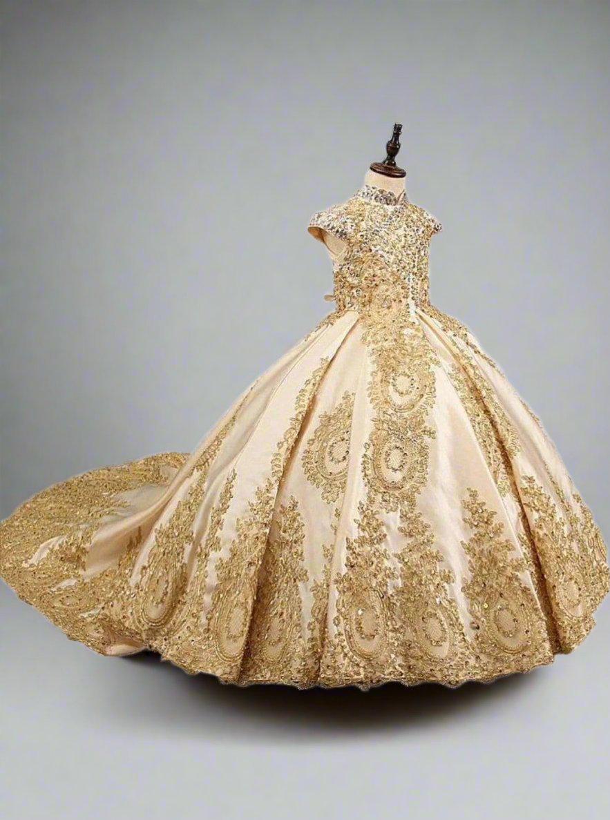 Little Girls Formal Gowns | Gold Sequin Satin Lace Beaded Ball Gown